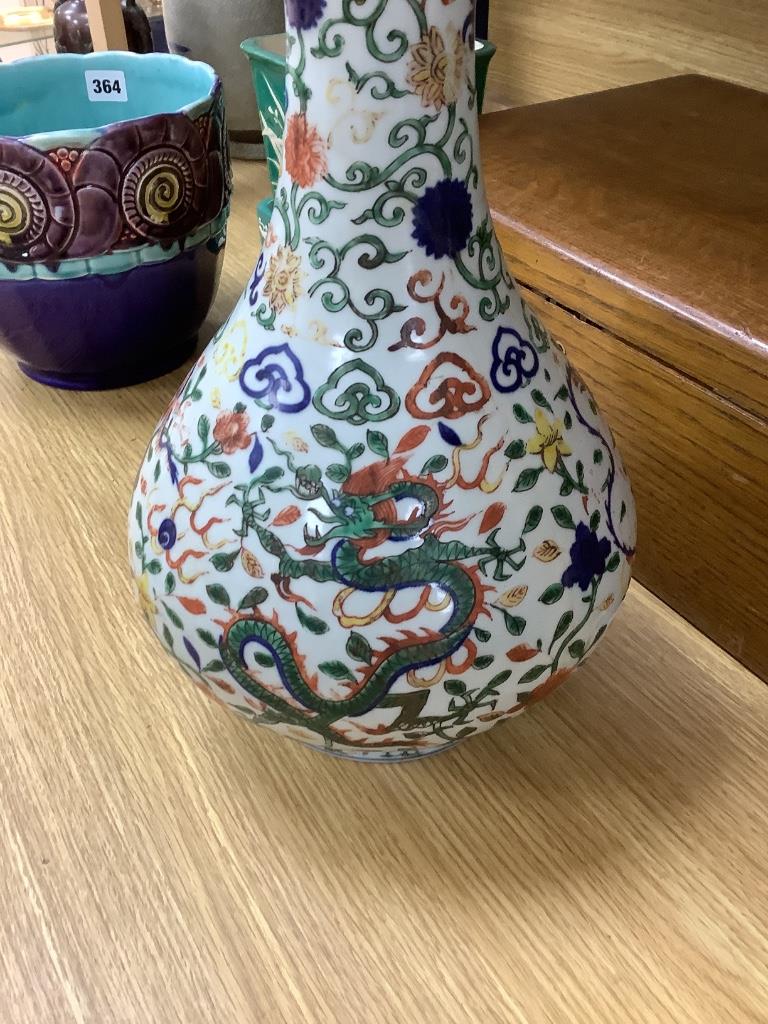 A Chinese wucai large vase with inscription, height 44cm